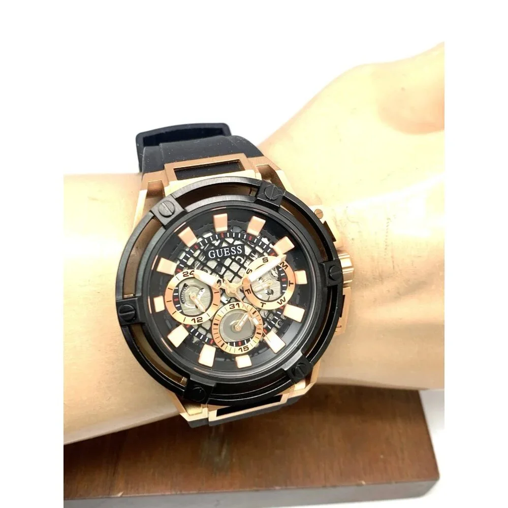 Guess Men's Watch GW0423G5 Quartz Black Rose Gold Rubber Strap 47mm